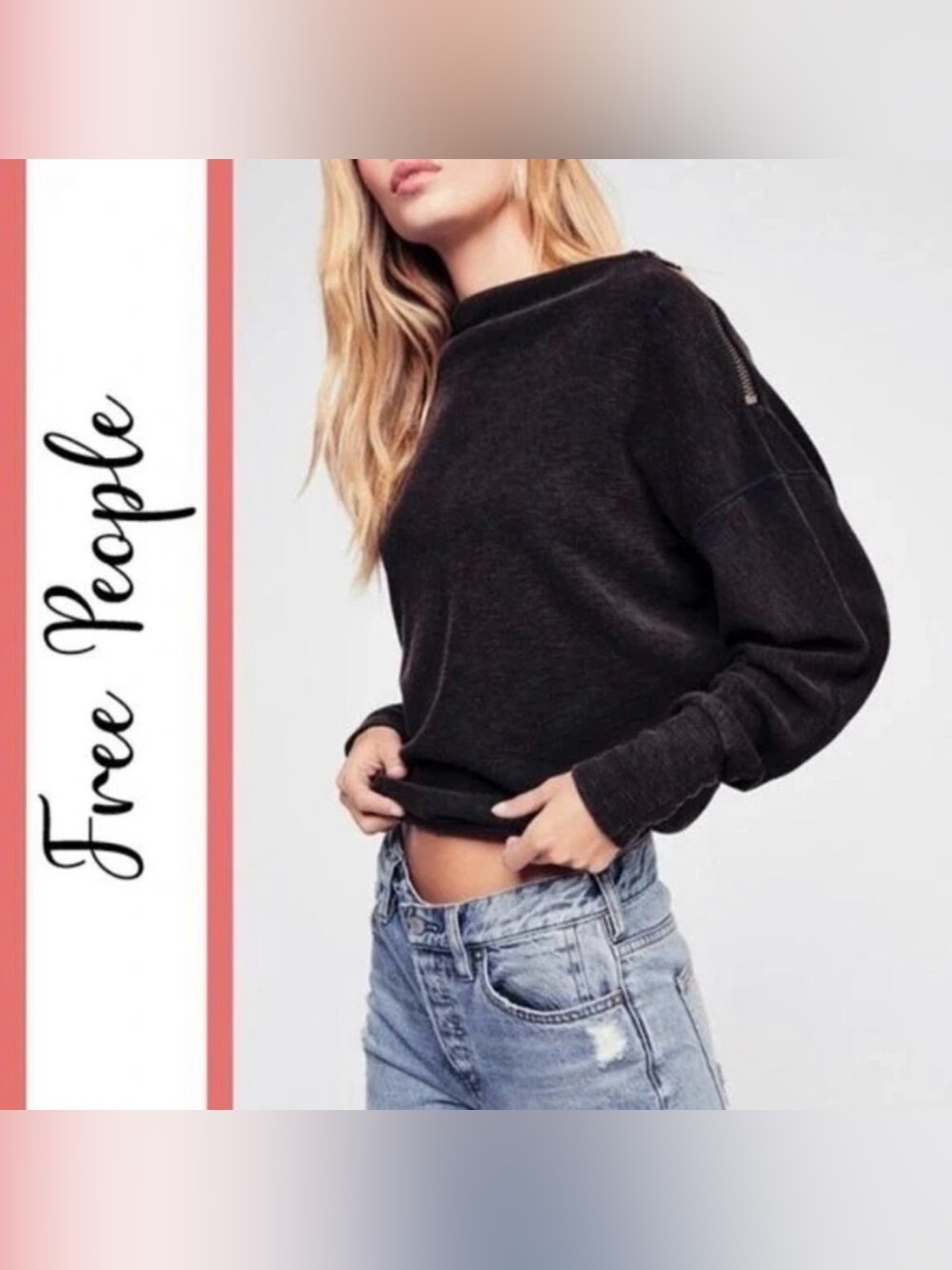 Free People We The Free Nikala Zip Shoulder Thermal Top Black Oversized L